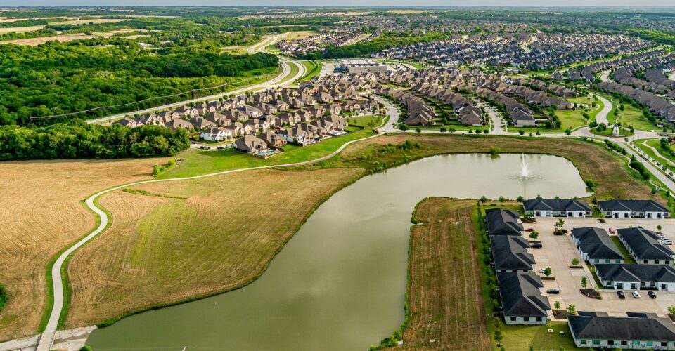Auburn Hills trail aerial of the pond and trail