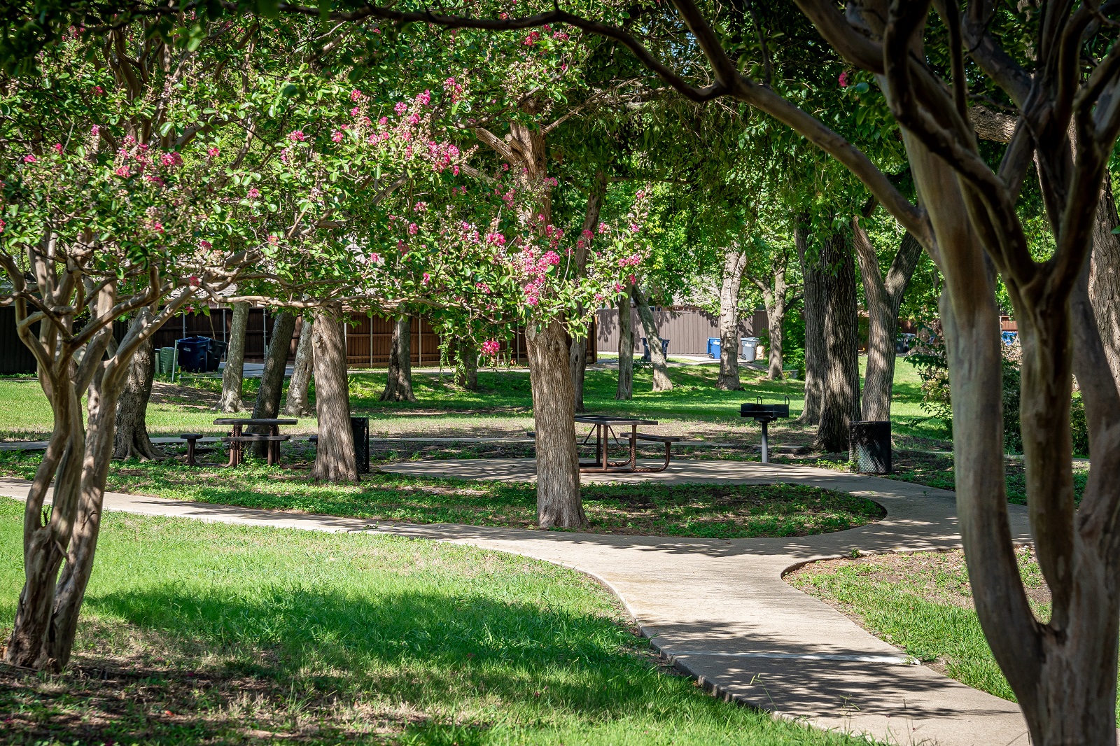 E.L. Tinker Taylor memorial park with green grass, picnic tables, trees, and a walking path