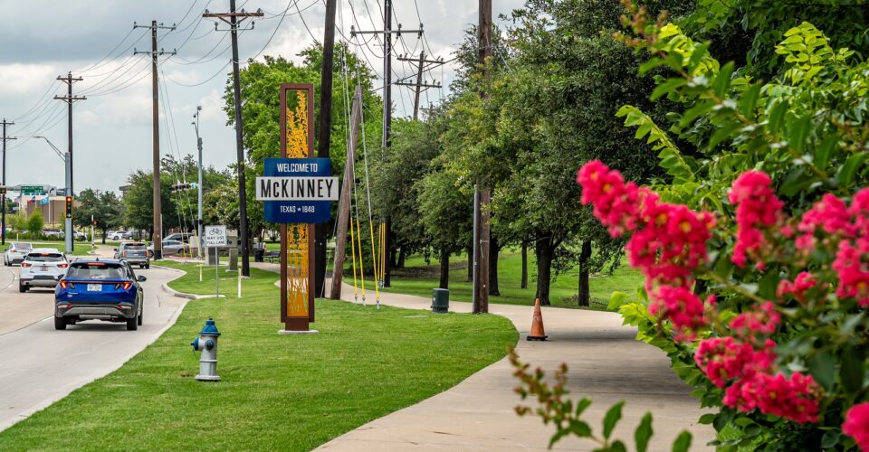 Eldorado trail path going along eldorado parkway with crape myrtles and a mckinney sign in the background