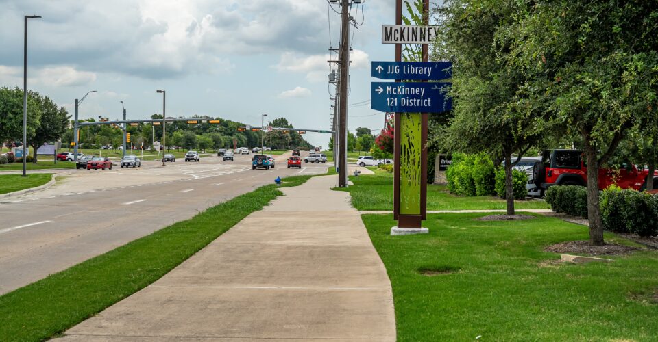 Eldorado trail path going along eldorado parkway with crape myrtles and a mckinney sign in the background