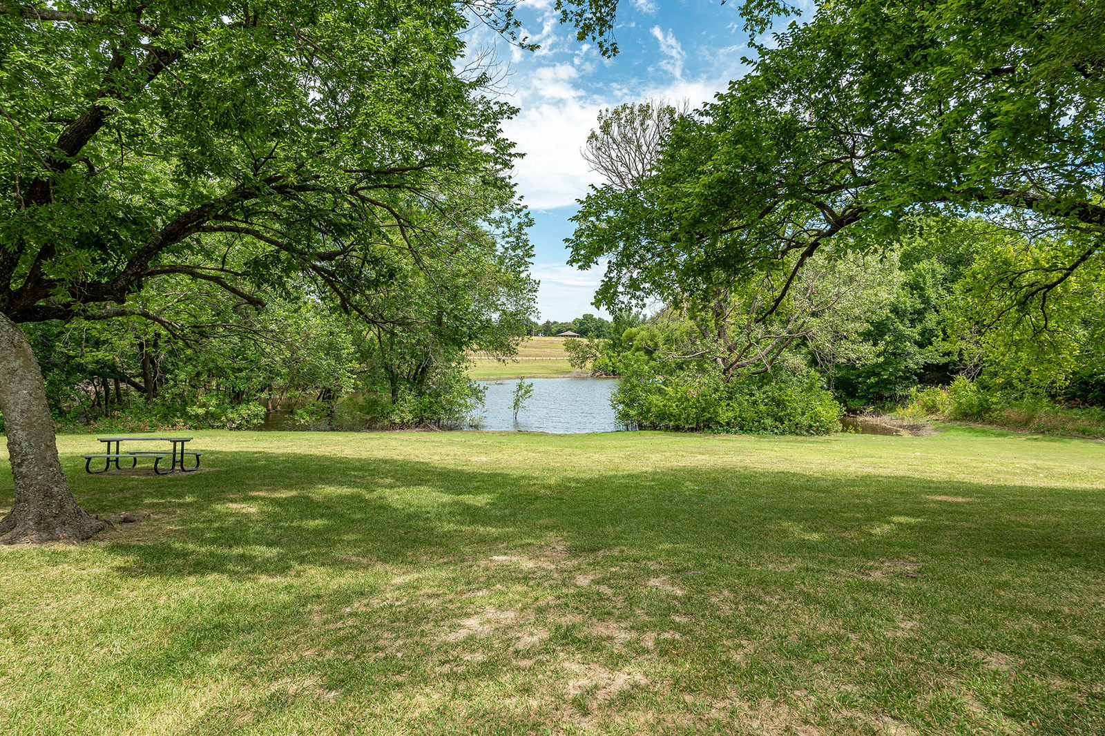 A grassy park area with scattered shade trees, a picnic table on the left, and a small pond bordered by trees in the background under a partly cloudy sky.