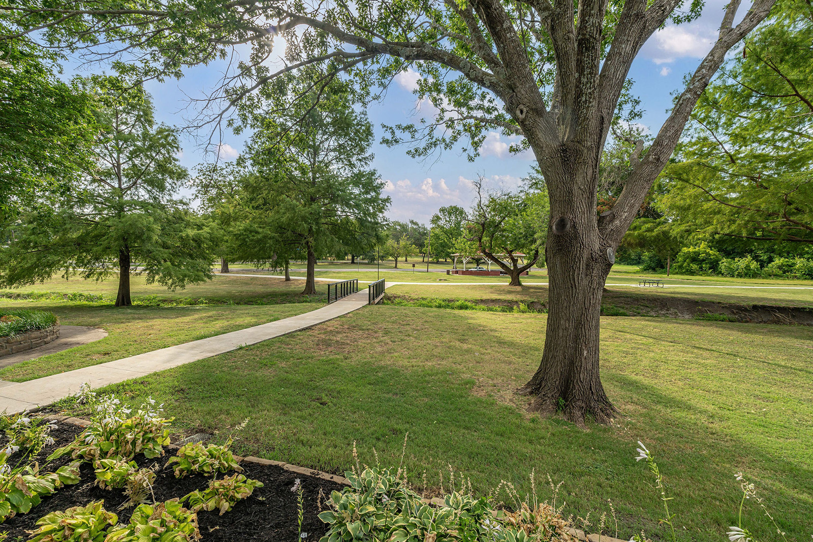 A sunny park with green grass, large trees, a concrete walkway, a small bridge, and scattered benches in the distance.