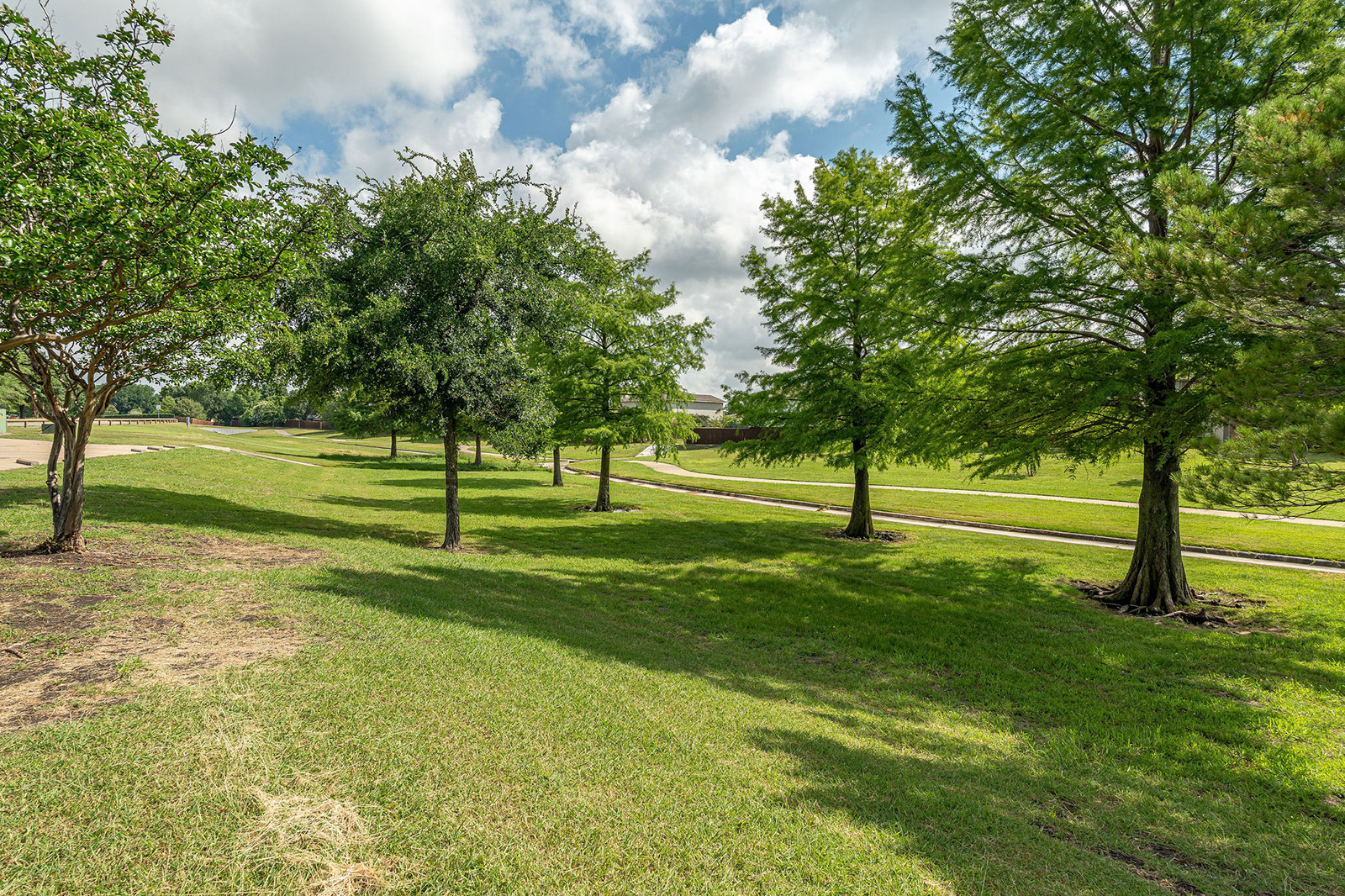 A grassy park area with scattered trees, a walking path, and partly cloudy skies overhead.