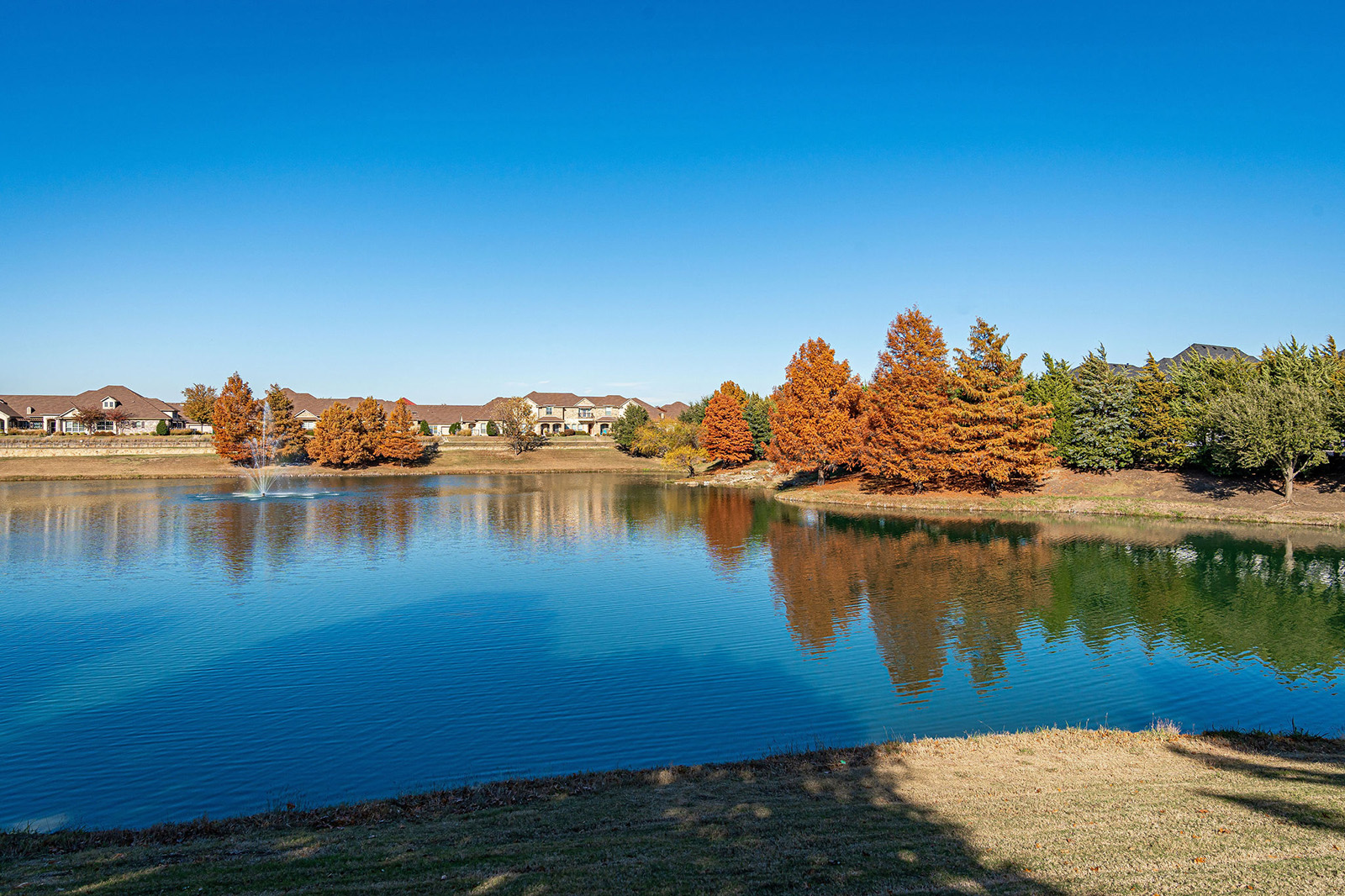 A small pond with clear blue water reflecting autumn trees and houses under a cloudless sky.