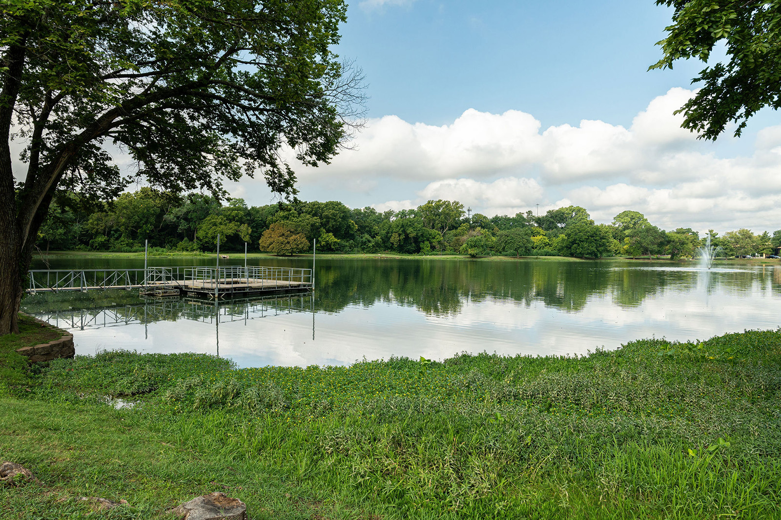 A calm lake with a metal dock extends over the water, surrounded by green trees and grass under a partly cloudy sky.