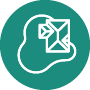 White envelope icon with an arrow pointing right, outlined on a teal circular background with an irregular accent shape.